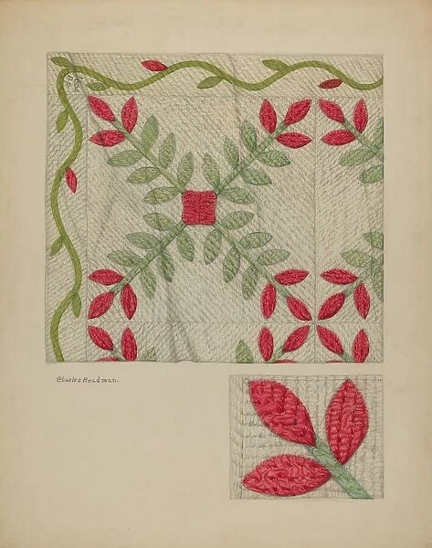 Quilt (Red and Green Leaves), c. 1941. Creator: Charles Roadman