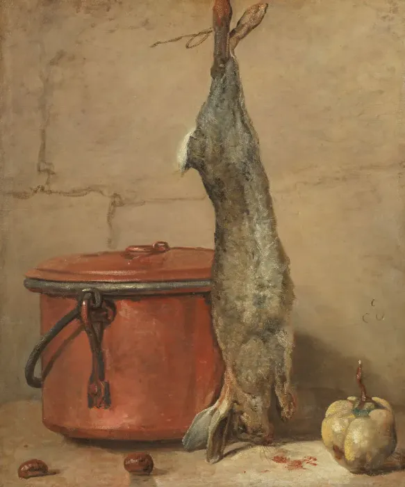 Framed Print : Rabbit and Copper Pot, mid-late 18th century. Creator: Jean-Simeon Chardin Framed Print : Rabbit and Copper Pot, mid-late 18th century. Creator: Jean-Simeon Chardin