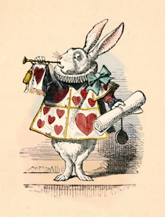 Framed Print : A Rabbit as court official blowing a trumpet for an announcement, 1889. Artist: John Tenniel