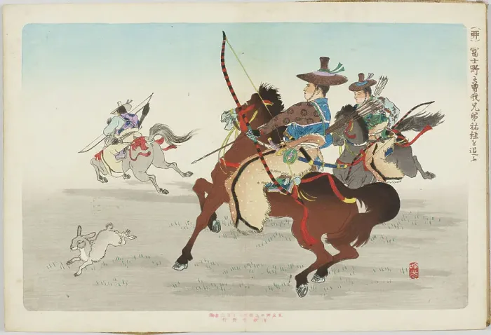 Framed Print : Rabbit, Hunt Scene. From the Series Twelve Animals of the Zodiac, End of 19th cen. Creator: Ginko, Adachi (1853-after 1908) Framed Print : Rabbit, Hunt Scene. From the Series Twelve Animals of the Zodiac, End of 19th cen. Creator: Ginko, Adachi (1853-after 1908)