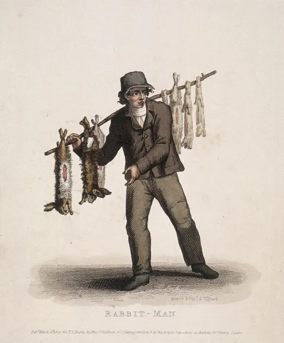 Framed Print : Rabbit seller carrying a pole hung with rabbits, 1820. Artist: Thomas Lord Busby Framed Print : Rabbit seller carrying a pole hung with rabbits, 1820. Artist: Thomas Lord Busby