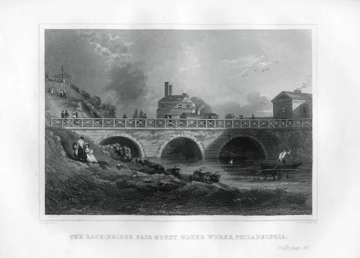 Framed Print : The Race Bridge Fair Mount Water Works, Philadelphia, Pennsylvania, USA, 1855. Artist: J Andrews Framed Print : The Race Bridge Fair Mount Water Works, Philadelphia, Pennsylvania, USA, 1855. Artist: J Andrews