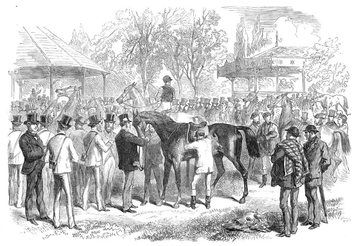 Framed Print : The Race for the Grand Prix de Paris: saddling the favourites, 1870. Creator: Unknown Framed Print : The Race for the Grand Prix de Paris: saddling the favourites, 1870. Creator: Unknown