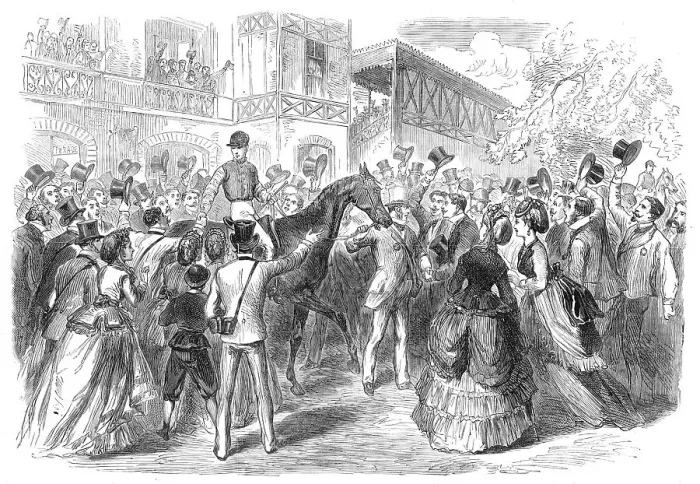 Framed Print : The Race for the Grand Prix de Paris: the winner led to the weighing place, 1870. Creator: Unknown Framed Print : The Race for the Grand Prix de Paris: the winner led to the weighing place, 1870. Creator: Unknown
