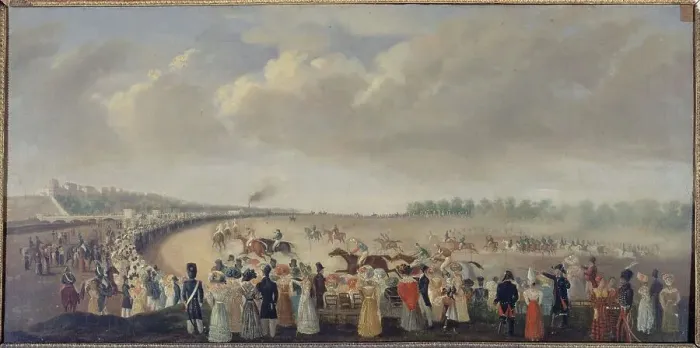Framed Print : Races at Champ-de-Mars, current 8th arrondissemnt, around 1830. Creator: Unknown Framed Print : Races at Champ-de-Mars, current 8th arrondissemnt, around 1830. Creator: Unknown