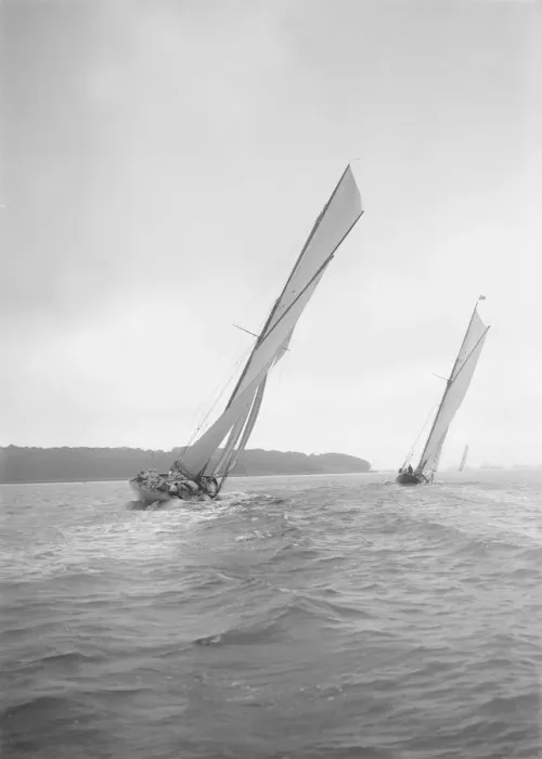 Framed Print : The racing cutters Rosamond and Creole sailing close-hauled, 1911. Creator Framed Print : The racing cutters Rosamond and Creole sailing close-hauled, 1911. Creator