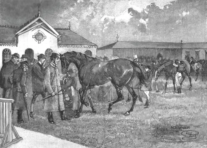 Framed Print : The Racing Season- Notes at Newmarket; Inspecting the Favourite, 1890. Creator: Unknown Framed Print : The Racing Season- Notes at Newmarket; Inspecting the Favourite, 1890. Creator: Unknown