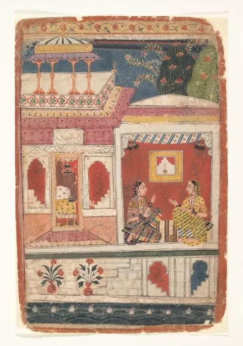 Framed Print : Radha and Her Confidant Sit in an Open Room: Page from a Dispersed Rasikapriya, ca Framed Print : Radha and Her Confidant Sit in an Open Room: Page from a Dispersed Rasikapriya, ca