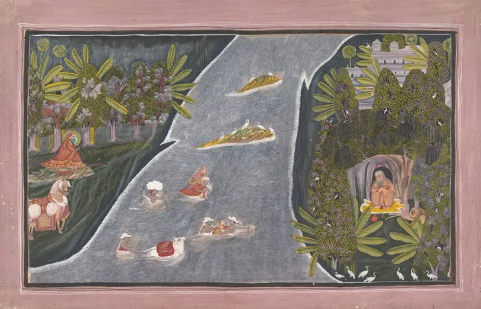 Framed Print : Radha Crosses a River to Interview a Hindu Sage, ca. 1820. Creator: Chokha Framed Print : Radha Crosses a River to Interview a Hindu Sage, ca. 1820. Creator: Chokha
