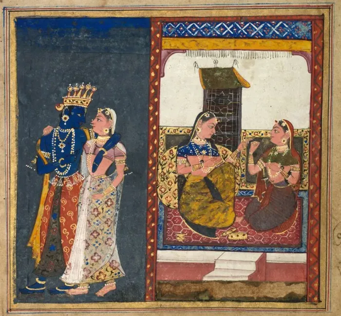 Framed Print : Radha and Krishna Embracing, Leaf from a Gita Govinda, c. 1650. Creator: Unknown Framed Print : Radha and Krishna Embracing, Leaf from a Gita Govinda, c. 1650. Creator: Unknown