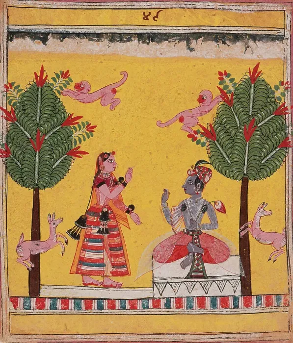 Framed Print : Radha's Confidante Meets with Krishna (Arudhayauvana Madhya)... c1635. Creator: Unknown Framed Print : Radha's Confidante Meets with Krishna (Arudhayauvana Madhya)... c1635. Creator: Unknown