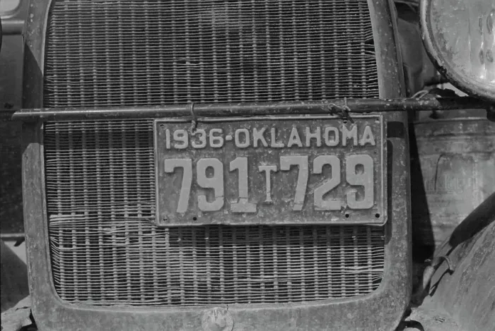 Framed Print : Radiator and license of Oklahoma cotton picker's car, San Joaquin Valley, California, 1936. Creator: Dorothea Lange Framed Print : Radiator and license of Oklahoma cotton picker's car, San Joaquin Valley, California, 1936. Creator: Dorothea Lange