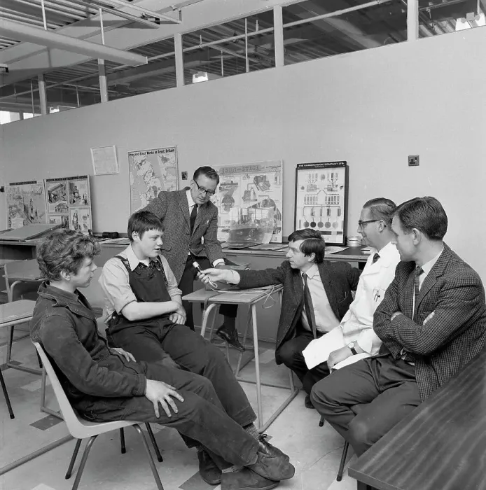 Framed Print : Radio interview of schoolboys on a factory visit, Stanley Tools, Sheffield, South Yorkshire, 1968 Framed Print : Radio interview of schoolboys on a factory visit, Stanley Tools, Sheffield, South Yorkshire, 1968