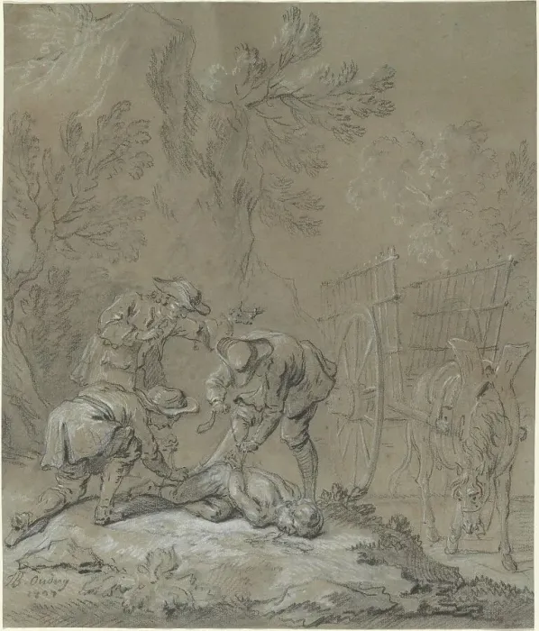 Framed Print : Ragotin lie par les parents du fou, 1727. Creator: Jean-Baptiste Oudry Framed Print : Ragotin lie par les parents du fou, 1727. Creator: Jean-Baptiste Oudry