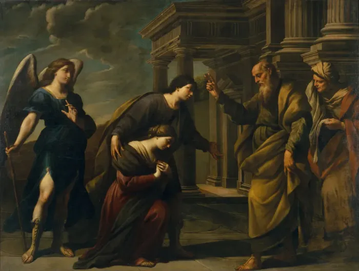Framed Print : Raguels Blessing of her Daughter Sarah before Leaving Ecbatana with Tobias, c. 1640. Artist: Vaccaro, Andrea (1604-1670)