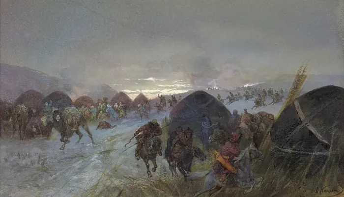 Framed Print : A Raid on a Settlement, 19th century. Creator: Nikolay Nikolaevich Karazin Framed Print : A Raid on a Settlement, 19th century. Creator: Nikolay Nikolaevich Karazin