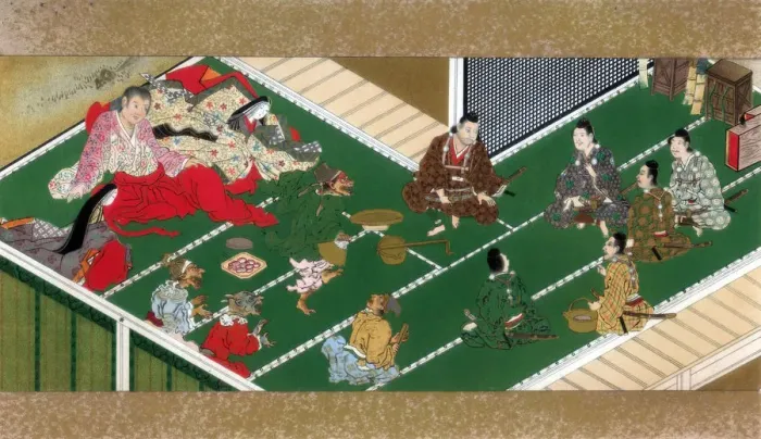 Framed Print : Raiko and his comrades before the demon robber, 17th century (1886) Framed Print : Raiko and his comrades before the demon robber, 17th century (1886)