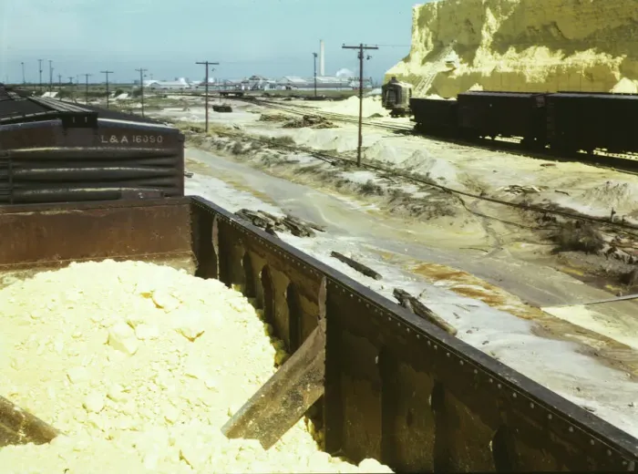 Framed Print : Railroad cars loaded with sulphur, Freeport Sulphur Co. Hoskins Mound, Texas, 1943. Creator: John Vachon Framed Print : Railroad cars loaded with sulphur, Freeport Sulphur Co. Hoskins Mound, Texas, 1943. Creator: John Vachon