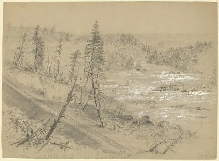 Framed Print : Railroad on the Dalles of the St. Louis, 1882. Creator: Alfred Waud Framed Print : Railroad on the Dalles of the St. Louis, 1882. Creator: Alfred Waud