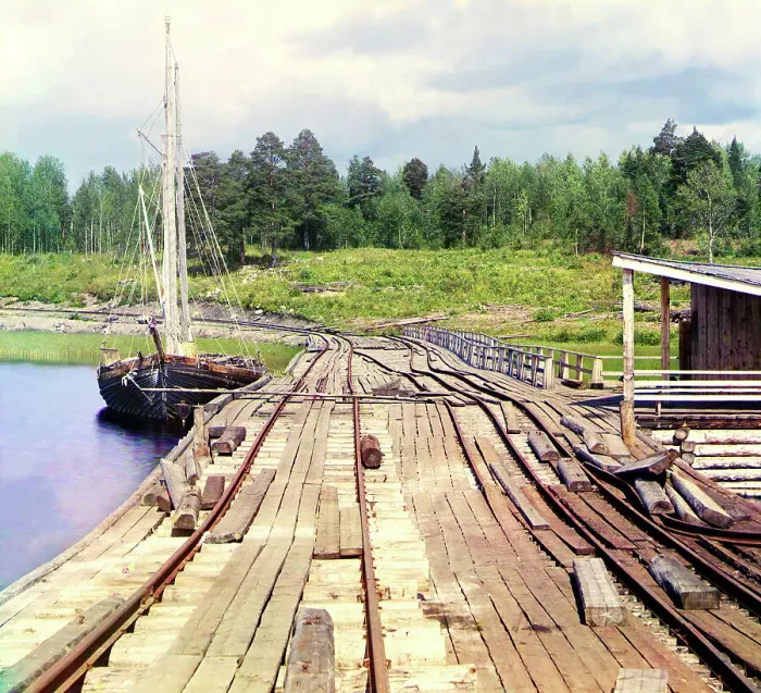 Framed Print : Railroad dam at the Lizhma Station, 1915. Creator: Sergey Mikhaylovich Prokudin-Gorsky Framed Print : Railroad dam at the Lizhma Station, 1915. Creator: Sergey Mikhaylovich Prokudin-Gorsky