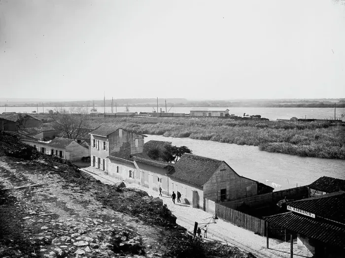 Framed Print : Railroad grounds from the bluff, Tampico, between 1880 and 1897. Creator: William H. Jackson Framed Print : Railroad grounds from the bluff, Tampico, between 1880 and 1897. Creator: William H. Jackson