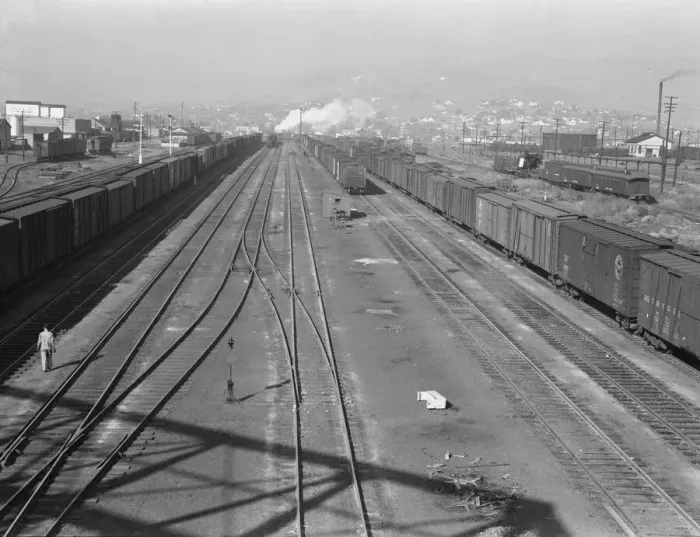 Framed Print : Railroad, outskirts of fast growing town, Klamath Falls, Oregon, 1939. Creator: Dorothea Lange Framed Print : Railroad, outskirts of fast growing town, Klamath Falls, Oregon, 1939. Creator: Dorothea Lange