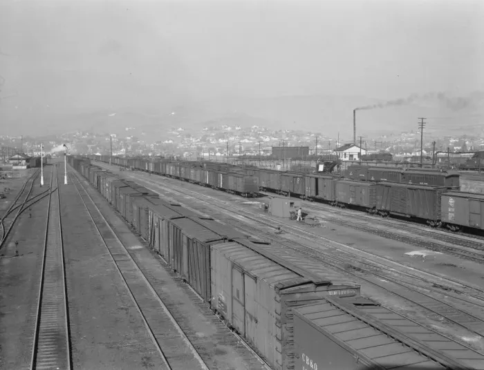 Framed Print : Railroad yard, outskirts of fast-growing town, Klamath Falls, Oregon, 1939. Creator: Dorothea Lange Framed Print : Railroad yard, outskirts of fast-growing town, Klamath Falls, Oregon, 1939. Creator: Dorothea Lange