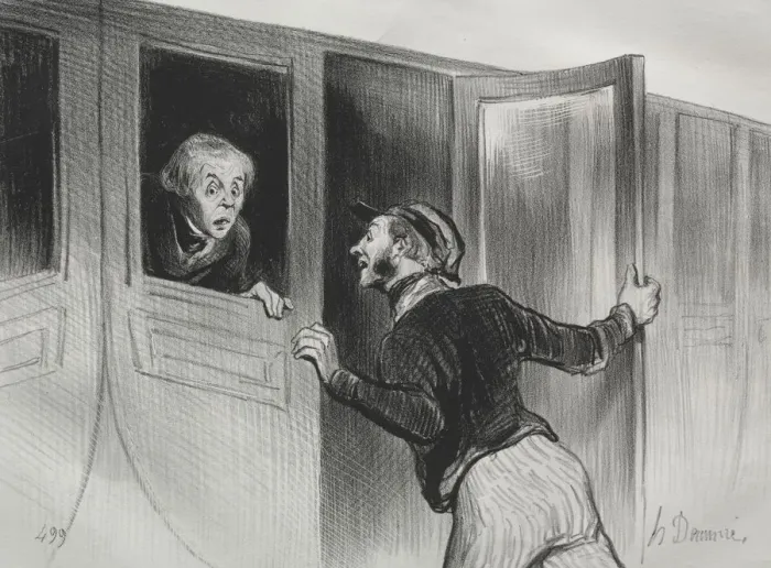 Framed Print : The Railroads, plate 11: The Hazard of Sleeping on a Journey, 1843. Creator: Honore Daumier Framed Print : The Railroads, plate 11: The Hazard of Sleeping on a Journey, 1843. Creator: Honore Daumier