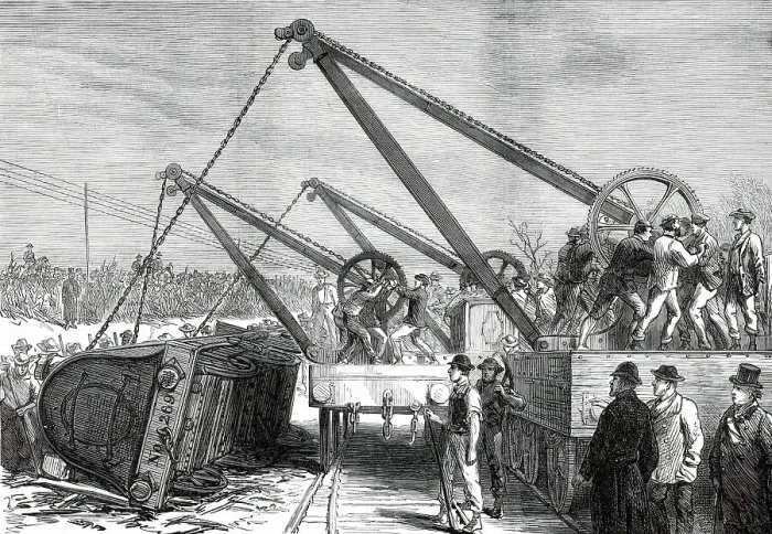 Framed Print : The Railway Accident at Abbotts Ripton, Huntingdon: raising an engine from the wrecked train, 1876. Creator: Unknown Framed Print : The Railway Accident at Abbotts Ripton, Huntingdon: raising an engine from the wrecked train, 1876. Creator: Unknown