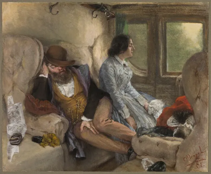 Framed Print : In a Railway Carriage (After a Nights Journey), 1851. Creator: Adolph Menzel Framed Print : In a Railway Carriage (After a Nights Journey), 1851. Creator: Adolph Menzel