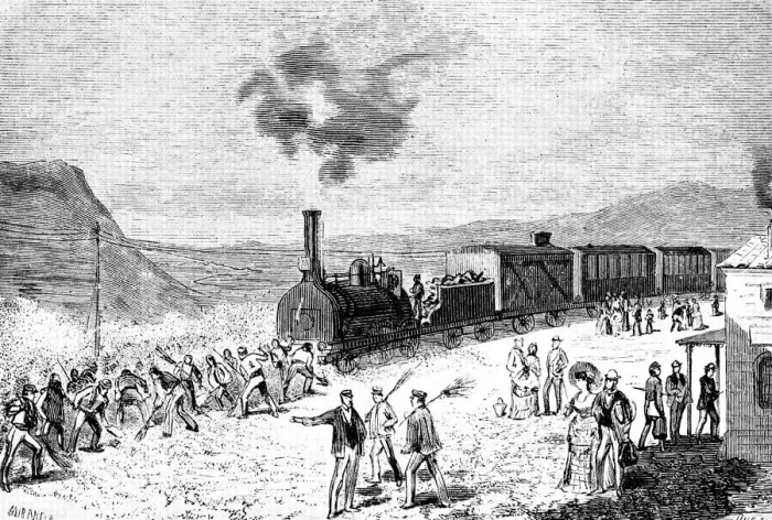 Framed Print : Railway line from Ciudad Real to Badajoz inaugurated in 1852, train stopped by a Framed Print : Railway line from Ciudad Real to Badajoz inaugurated in 1852, train stopped by a