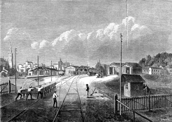 Framed Print : Railway line from Seville to Cadiz, works in the Seville station by the architect Framed Print : Railway line from Seville to Cadiz, works in the Seville station by the architect