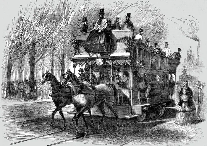 Framed Print : Railway Omnibus on the Cours la Reine, Paris; Railways upon ordinary roads, 1854. Creator: Unknown Framed Print : Railway Omnibus on the Cours la Reine, Paris; Railways upon ordinary roads, 1854. Creator: Unknown