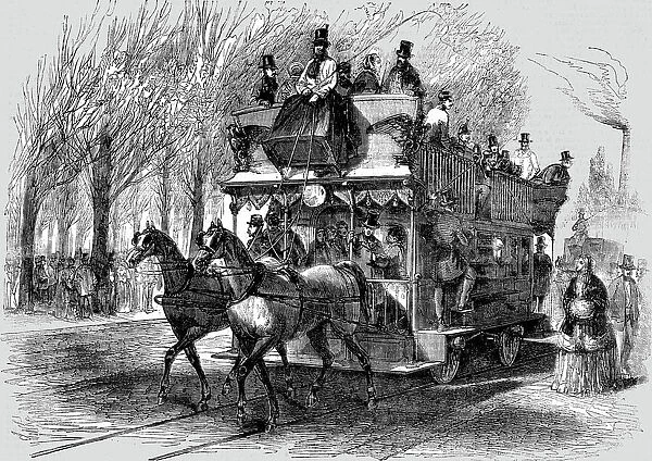 Railway Omnibus on the Cours la Reine, Paris; Railways upon ordinary roads, 1854. Creator: Unknown
