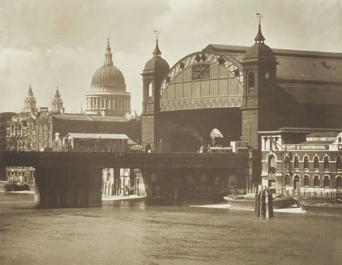 Framed Print : [Railway station and bridge]. From the album: Photograph album - London, 1920s. Creator: Harry Moult
