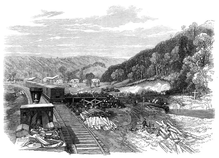 Framed Print : Railway Station at the Franklin Petroleum Oil Works, Pennsylvania, 1864. Creator: Unknown Framed Print : Railway Station at the Franklin Petroleum Oil Works, Pennsylvania, 1864. Creator: Unknown