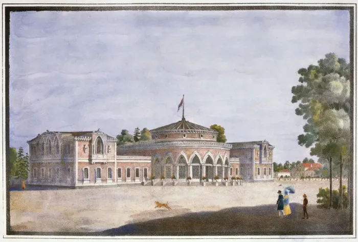 Framed Print : Railway station and French restaurant in Catharinhof, St Petersburg, Russia, 19th century Framed Print : Railway station and French restaurant in Catharinhof, St Petersburg, Russia, 19th century