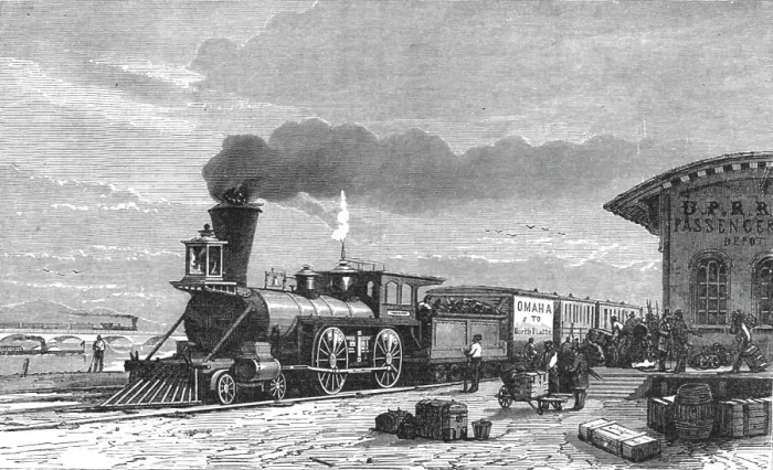 Framed Print : The Railway Station at Omaha; Ocean to Ocean, the Pacific railroad, 1875. Creator: Frederick Whymper Framed Print : The Railway Station at Omaha; Ocean to Ocean, the Pacific railroad, 1875. Creator: Frederick Whymper