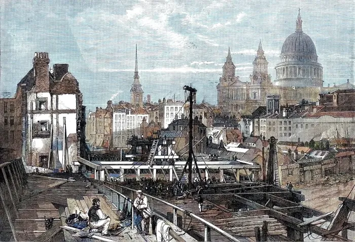 Framed Print : The railway works at Blackfriars and opening towards Ludgate Hill...from the temporary bridge, 1864. Creator: Mason Jackson Framed Print : The railway works at Blackfriars and opening towards Ludgate Hill...from the temporary bridge, 1864. Creator: Mason Jackson