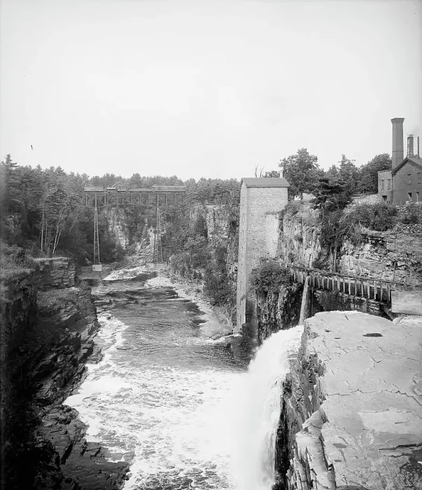 Framed Print : Rainbow Falls and R.R. bridge, Ausable Chasm, N.Y. c1905. Creator: Unknown Framed Print : Rainbow Falls and R.R. bridge, Ausable Chasm, N.Y. c1905. Creator: Unknown