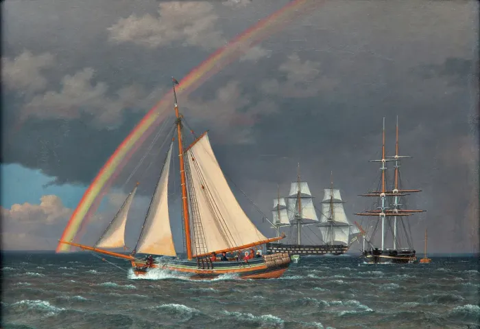 Framed Print : Rainbow at Sea and a Crossing Hunt with other Ships, 1836. Creator: CW Eckersberg Framed Print : Rainbow at Sea and a Crossing Hunt with other Ships, 1836. Creator: CW Eckersberg