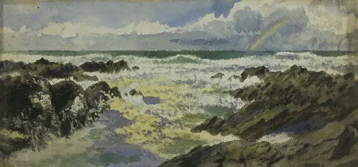 Framed Print : Rainbow Over Stormy Sea, c.1900. Creator: Unknown Framed Print : Rainbow Over Stormy Sea, c.1900. Creator: Unknown