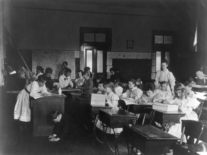 Framed Print : Rainy day activities in school - decorating the classroom, (1899?). Creator: Frances Benjamin Johnston Framed Print : Rainy day activities in school - decorating the classroom, (1899?). Creator: Frances Benjamin Johnston
