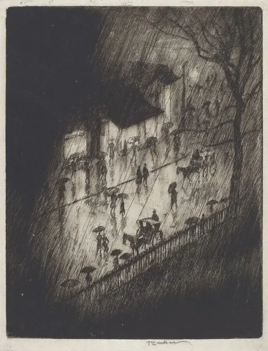 Framed Print : Rainy Night, Charing Cross Shops, 1903. Creator: Joseph Pennell Framed Print : Rainy Night, Charing Cross Shops, 1903. Creator: Joseph Pennell