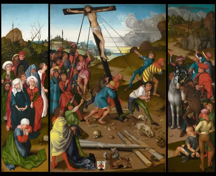 Framed Print : The Raising of the Cross [center, left, and right panels], c. 1480  /  1490