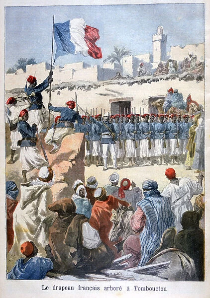 The raising of the French flag at Timbuktu, 1894. Artist: Frederic Lix