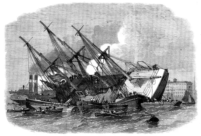 Framed Print : Raising the iron ship Ganges, sunk in the Thames off Shadwell, 1862. Creator: Unknown Framed Print : Raising the iron ship Ganges, sunk in the Thames off Shadwell, 1862. Creator: Unknown