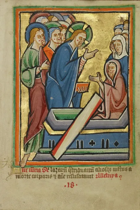 Framed Print : The Raising of Lazarus, about 1190-1200; text and illumination added about 1480-1490. Creator: Unknown Framed Print : The Raising of Lazarus, about 1190-1200; text and illumination added about 1480-1490. Creator: Unknown