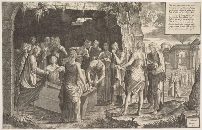 Framed Print : Raising of Lazarus, 1544. Creator: Lambert Suavius Framed Print : Raising of Lazarus, 1544. Creator: Lambert Suavius