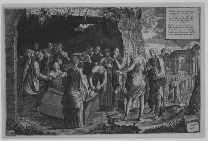 Framed Print : The Raising of Lazarus, 1544. Creator: Lambert Suavius Framed Print : The Raising of Lazarus, 1544. Creator: Lambert Suavius